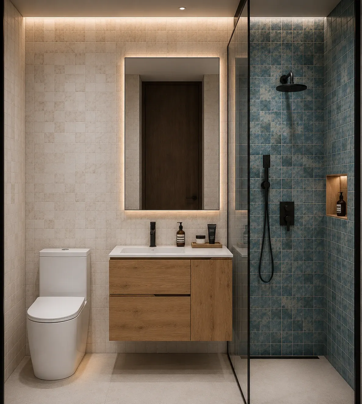 Render fotorrealista de un baño con azulejo azul y mueble de roble