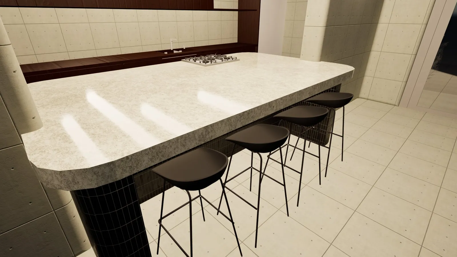 Captura sin renderizar de una cocina con isla, salida directa del modelo 3D