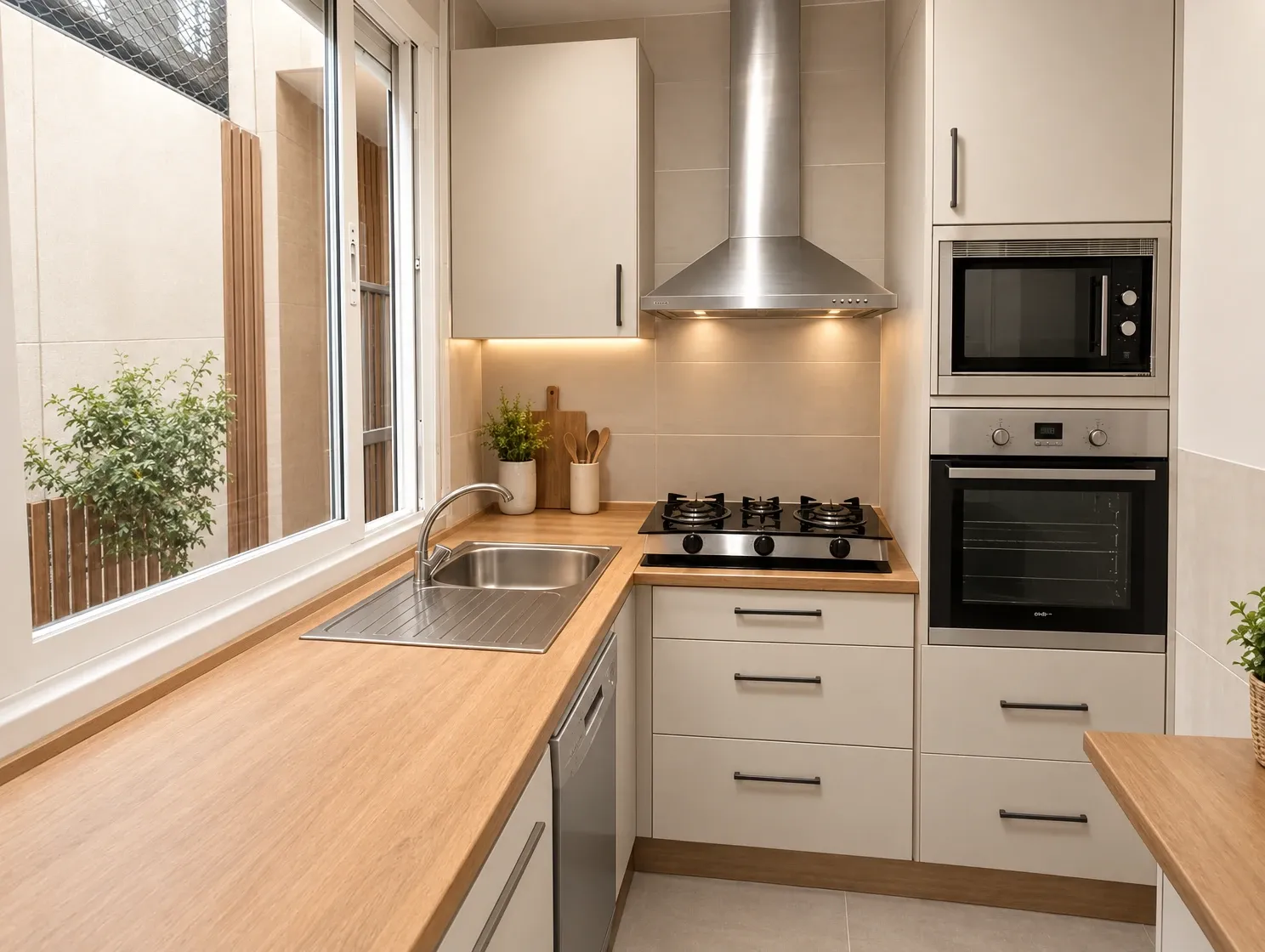 Reforma virtual con IA de la misma cocina: muebles claros, encimera de madera y luz cálida, hecha con Trazo