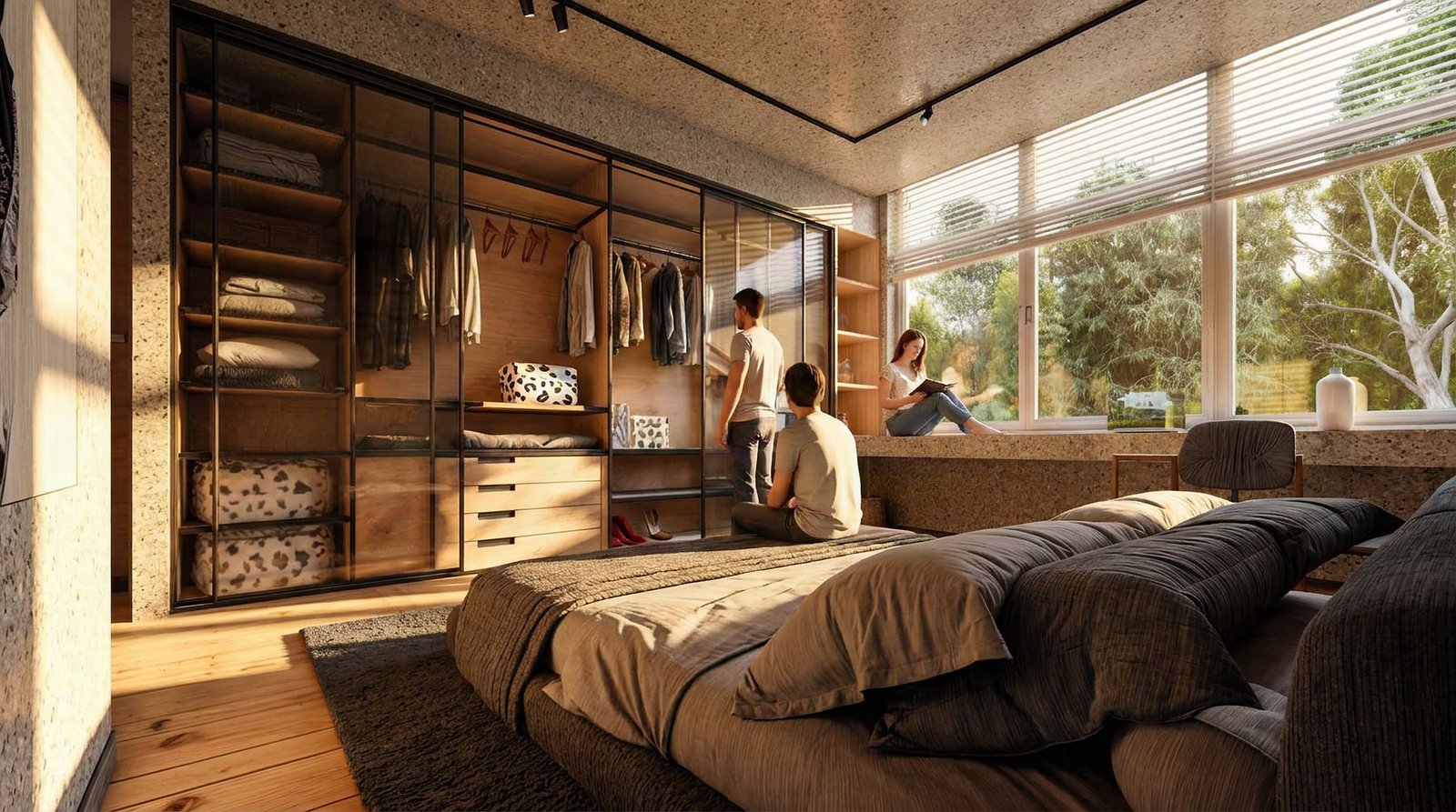 Dormitorio con vestidor acristalado, render escalado a 4K